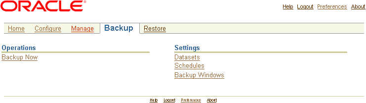 Shows the Backup page.