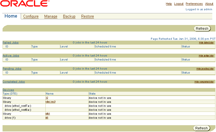 Shows Oracle Secure Backup home page.