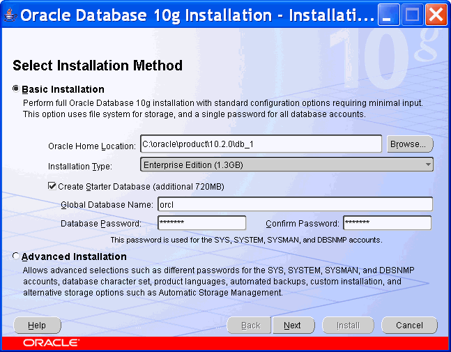 basic database installation: first screen