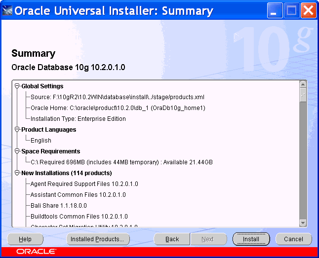 basic database installation: third screen