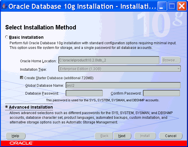 advanced database installation: first screen