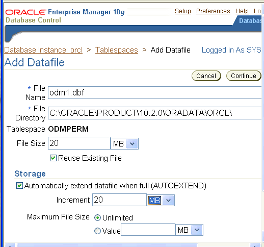 Enterprise Manager: Add datafile to tablespace