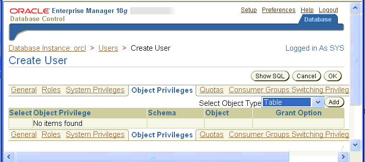 Enterprise Manager: assign object privileges to user