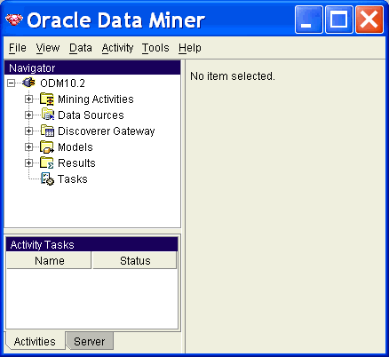 Oracle Data Miner: navigator page