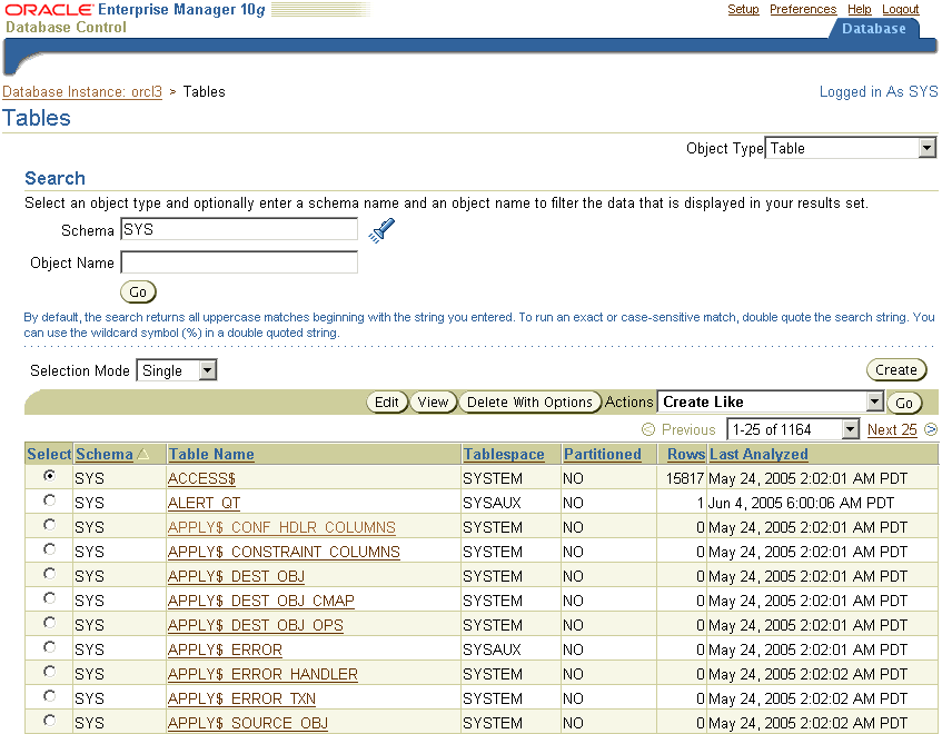 This image shows the Tables page.