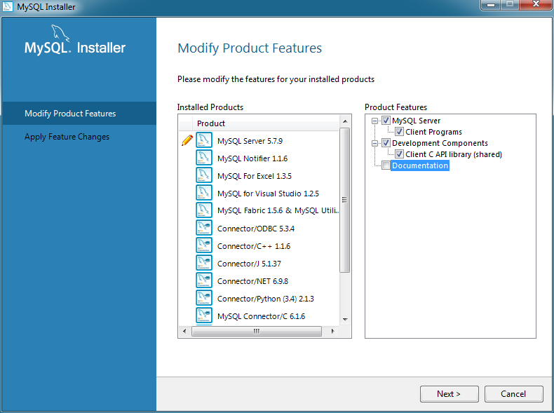 MySQL Installer - Modify Product Features